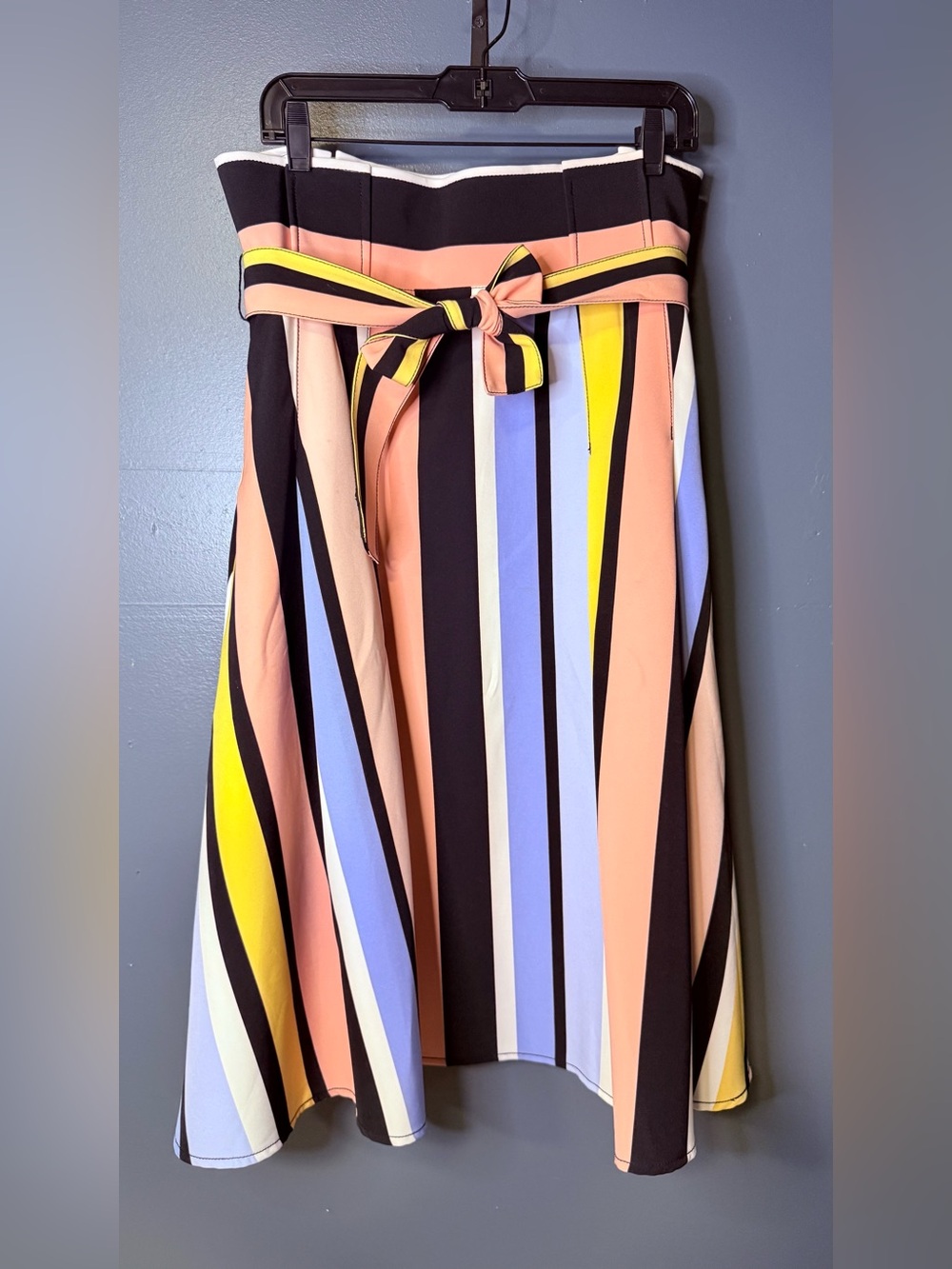 New York & Company Peach, Yellow, Blue & Black Striped A-Line Midi Skirt
